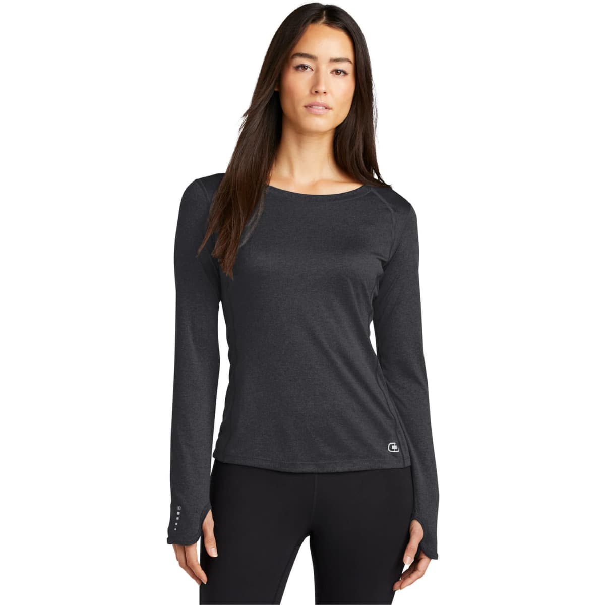 A long sleeve crew shirt in black, featuring a fitted design and a logo on the hem.