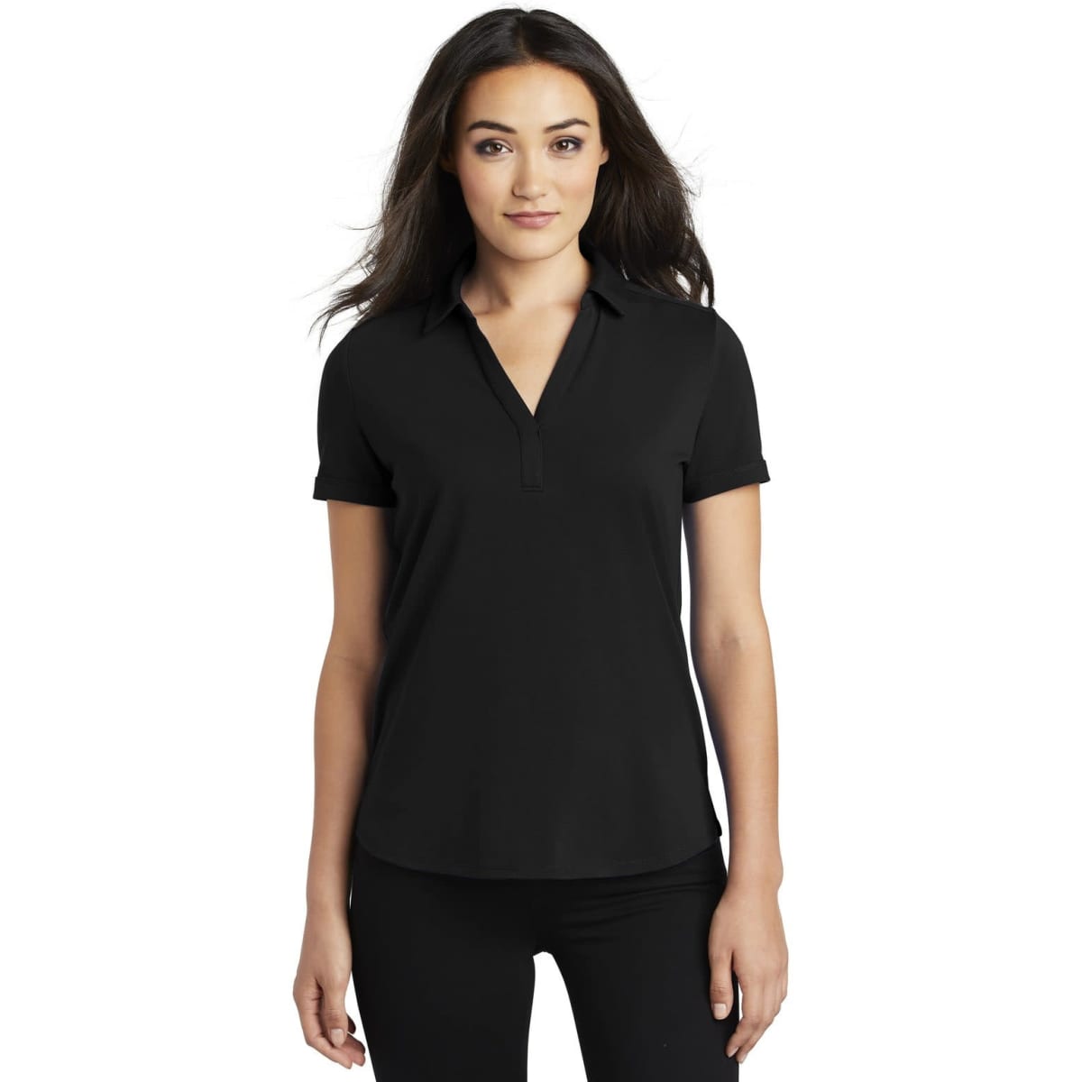 A black women's polo shirt with a collar and short sleeves, featuring a logo on the chest.