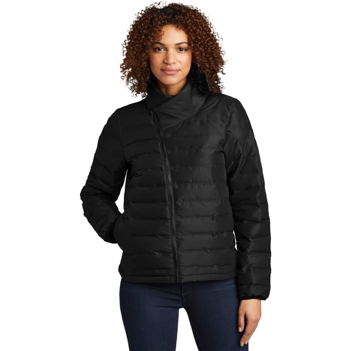 A black puffer jacket featuring a full zip and a high collar, worn by a woman with curly hair.
