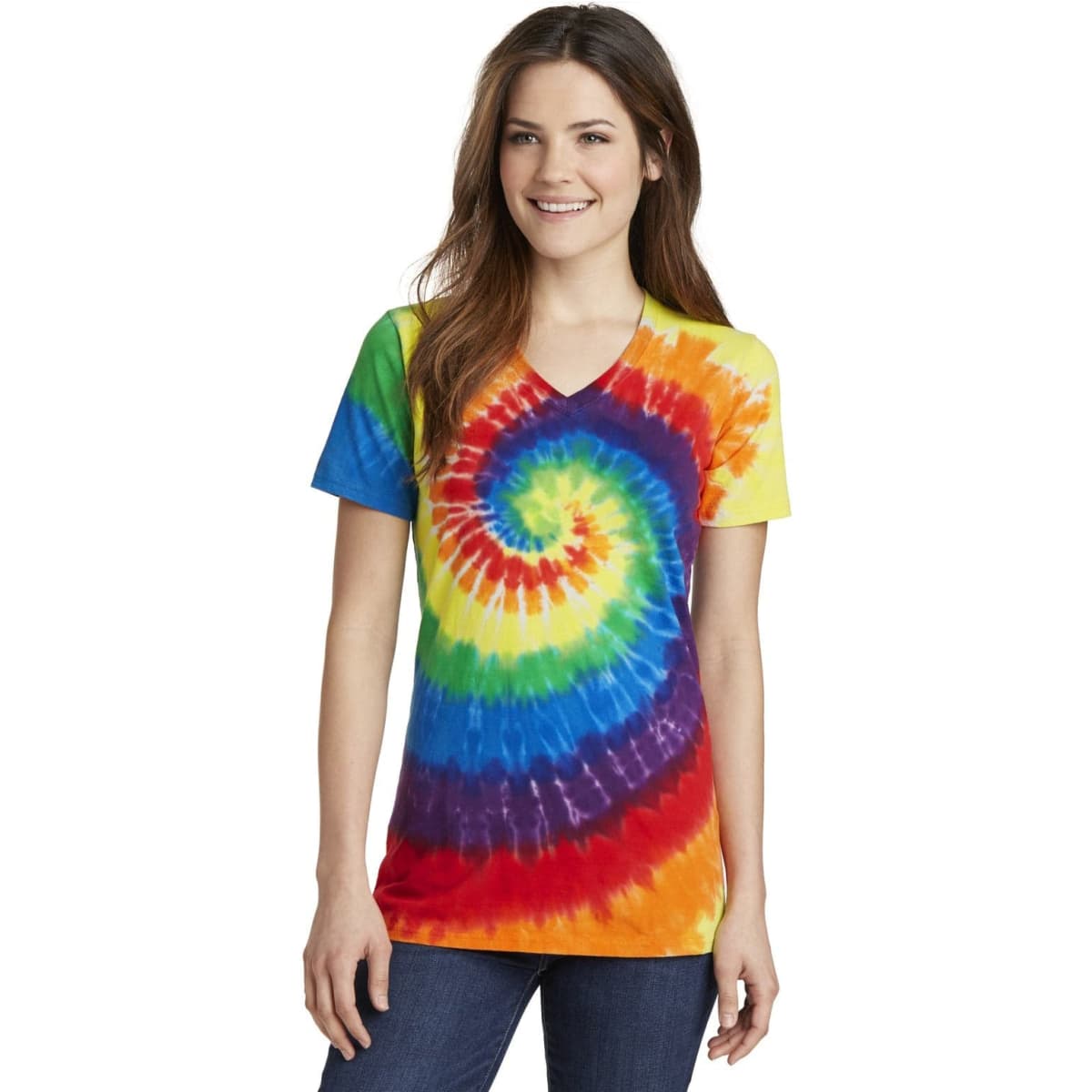 A tie-dye V-neck tee featuring vibrant spirals of yellow, orange, red, green, blue, and purple, with a logo.