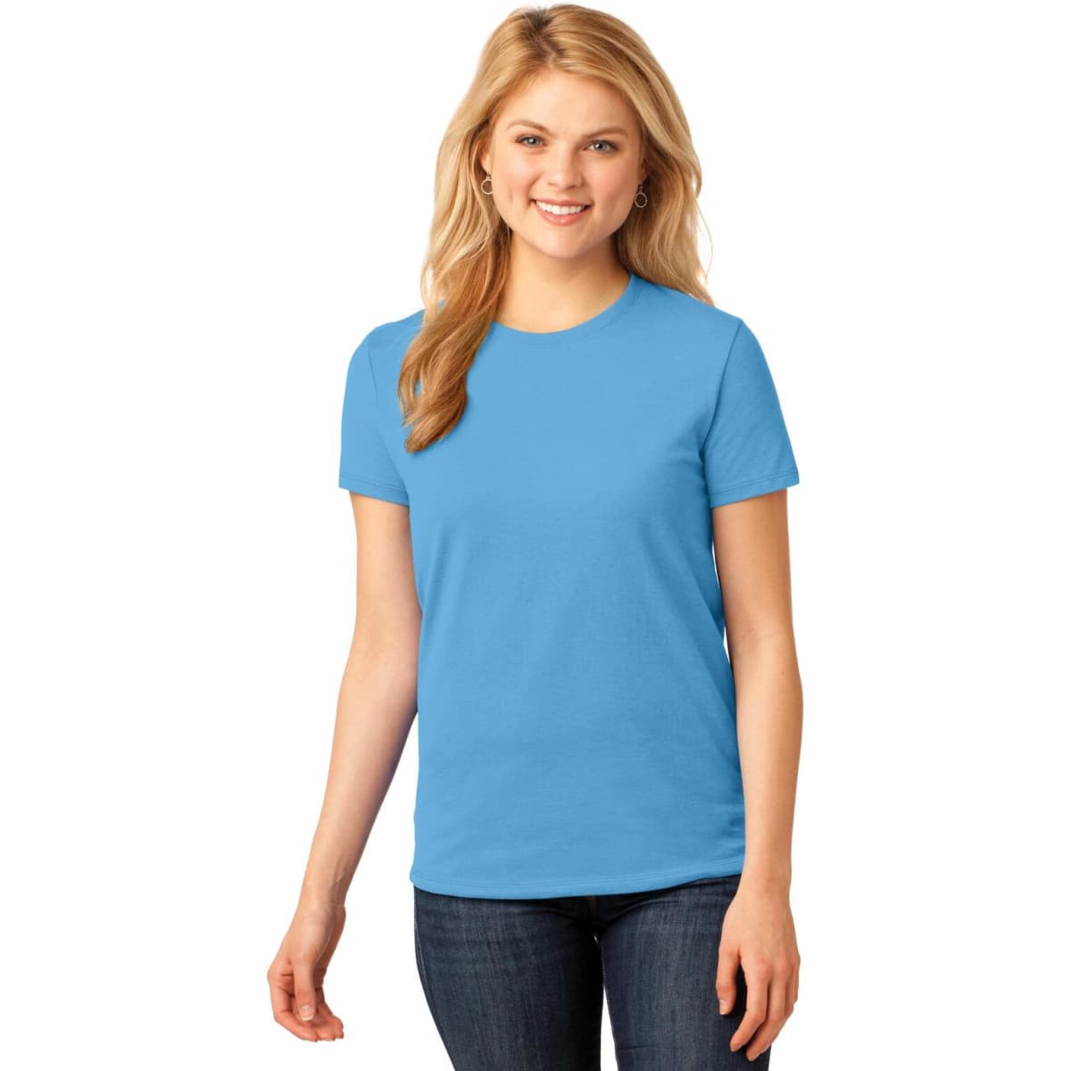 A woman wearing a light blue ladies' t-shirt, featuring a round neckline and short sleeves. The shirt has a logo.