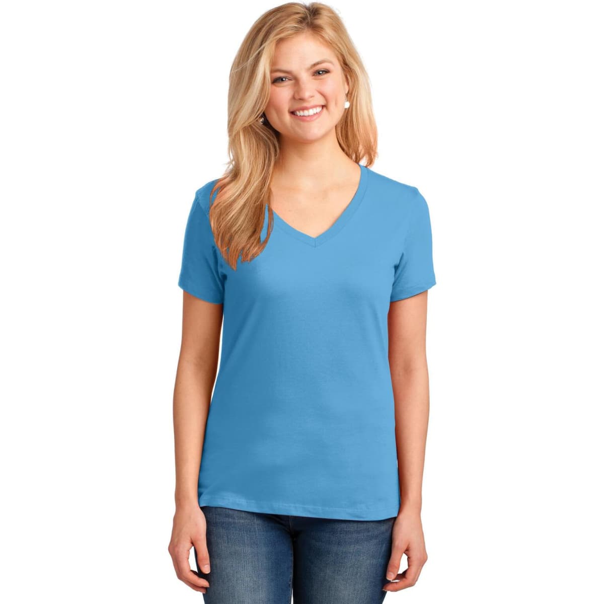 A light blue ladies' V-neck T-shirt displayed on a model with a casual hairstyle and smiling expression.