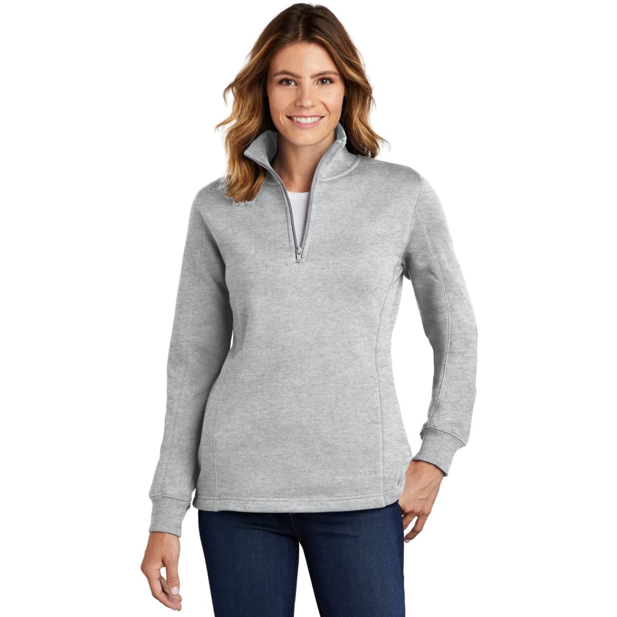 A grey Sport-Tek ladies 1/4-zip sweatshirt featuring a smooth finish and a zippered collar.