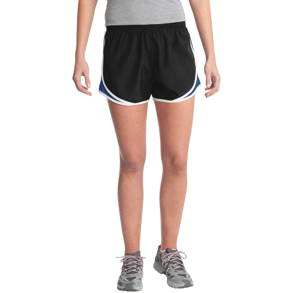Sport-Tek ladies’ black shorts with blue and white accents. Designed for active wear. Features a waistband and logo.