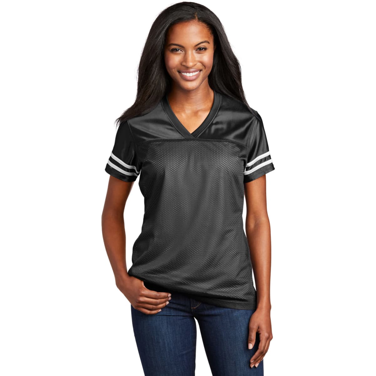 A black ladies' jersey featuring a v-neck and striped sleeves, with a logo on the chest.