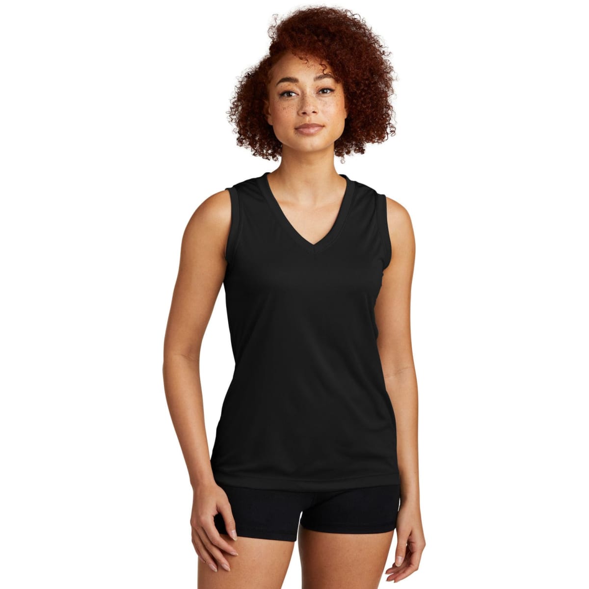 A sleeveless black v-neck tee designed for women, featuring a logo on the front.