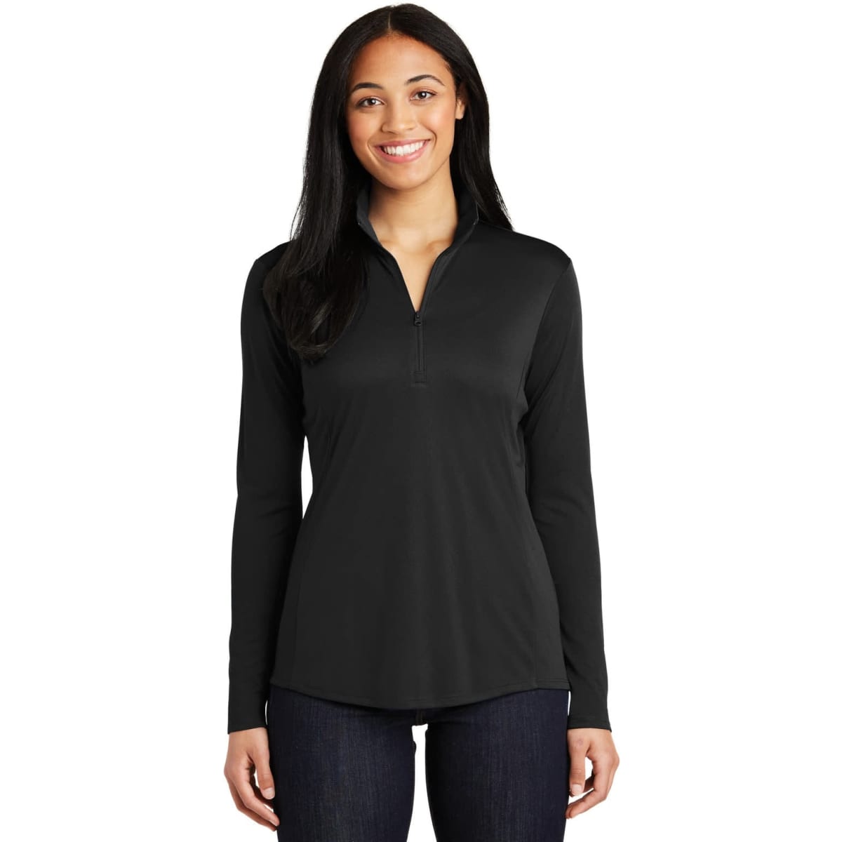 A black Sport-Tek Ladies PosiCharge Competitor 1/4-Zip Pullover featuring a zippered collar and long sleeves.