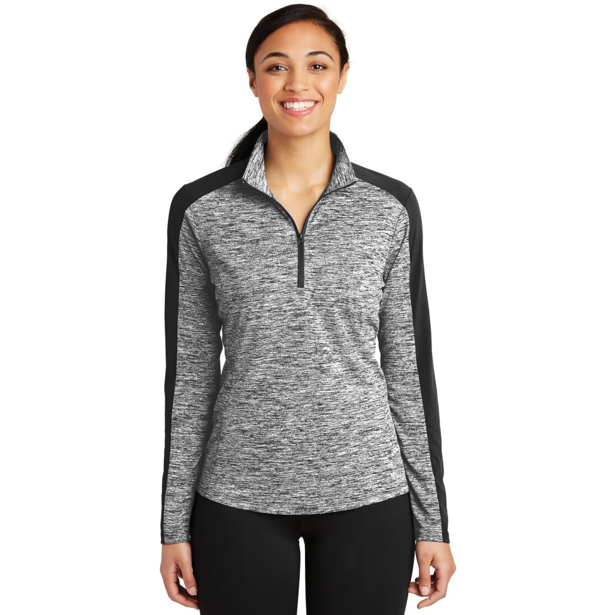A black and grey ladies' pullover with a 1/4-zip and contrasting sleeves, featuring a logo on the chest.