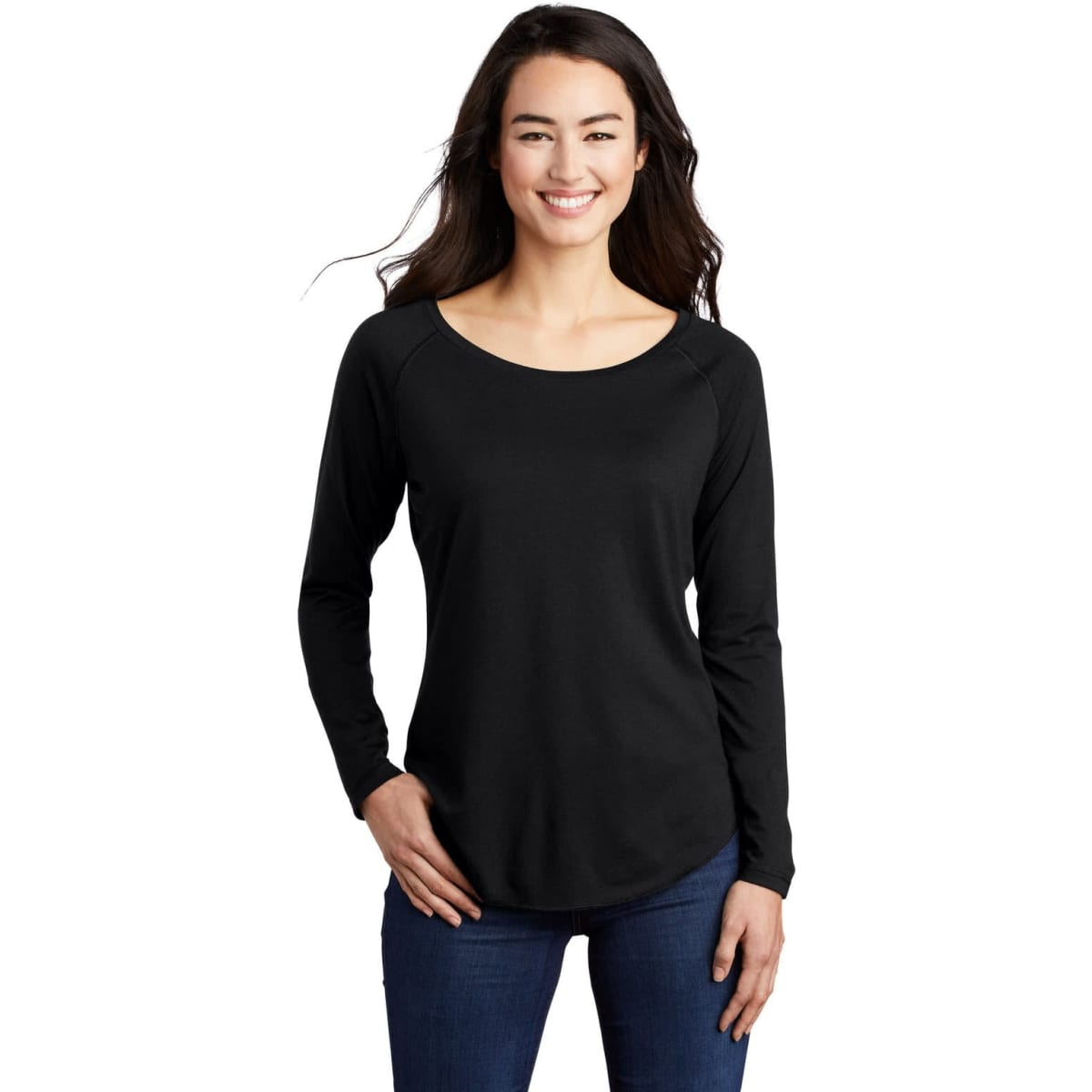 A black long sleeve tee with a scoop neck and raglan sleeves, featuring a logo. Suitable for casual wear.