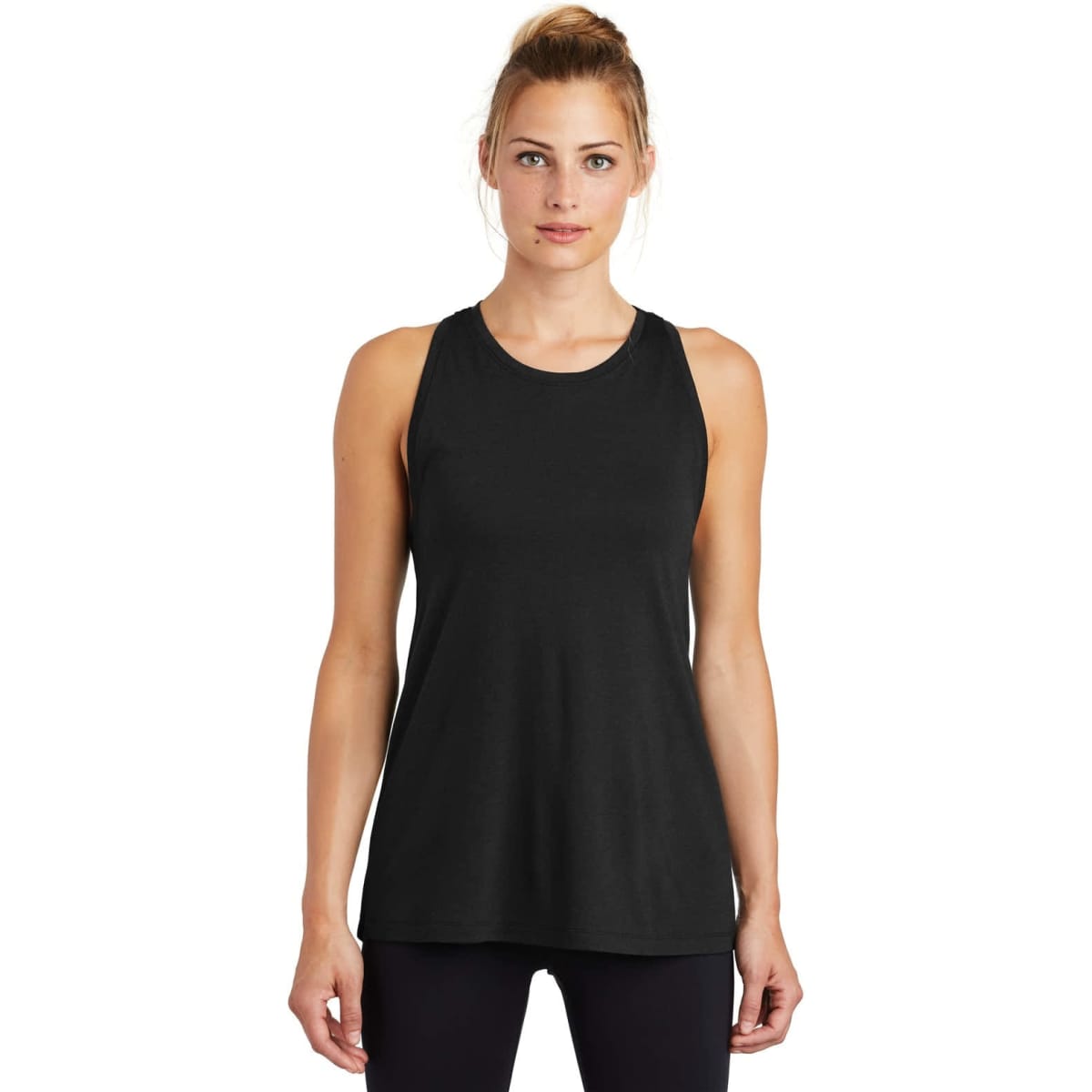 A black ladies' tank top featuring a relaxed fit and a logo on the design, made from tri-blend wicking fabric.