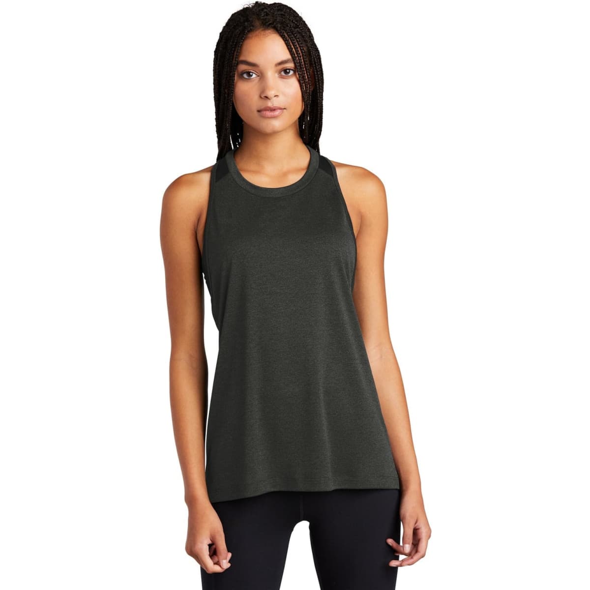 A black tank top featuring a sporty design, with a logo on the front. Suitable for athletic wear.