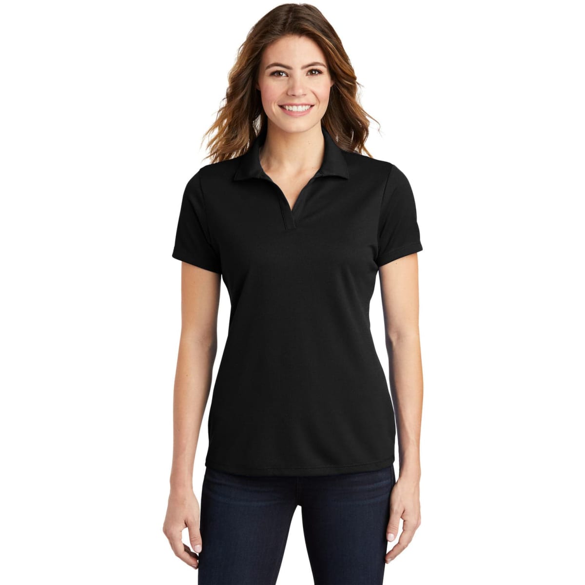 A black Sport-Tek Ladies PosiCharge RacerMesh Polo shirt with a collar and short sleeves, featuring a logo.