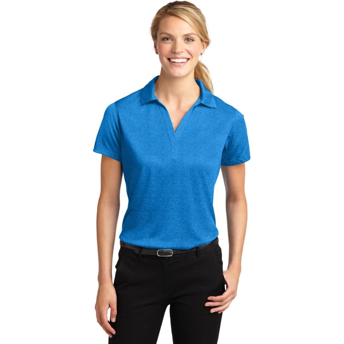 A blue Sport-Tek ladies' polo shirt with a collar, featuring a logo on the left side.
