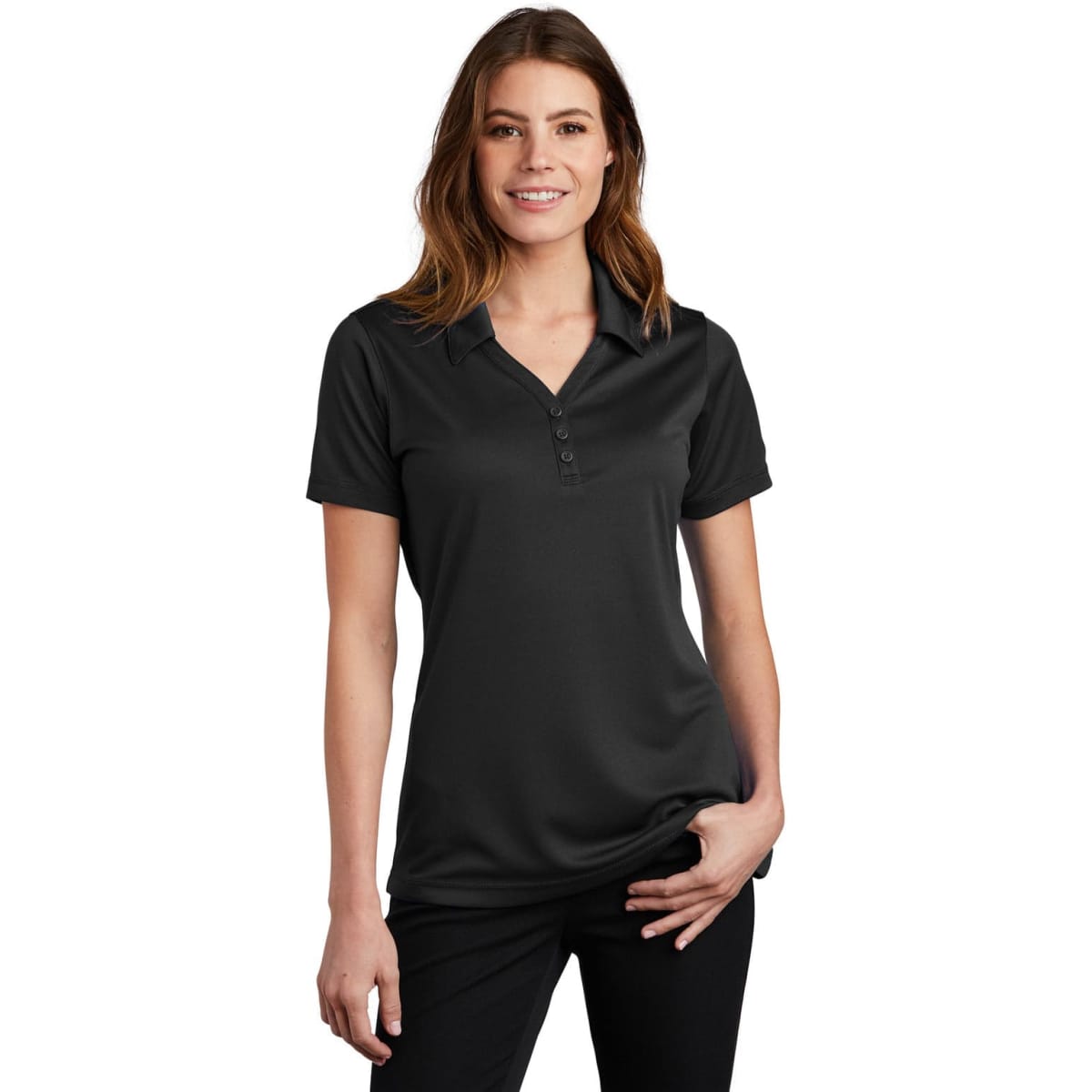 A black women's polo shirt featuring a micro-mesh fabric, short sleeves, and a button placket. It has a logo on it.