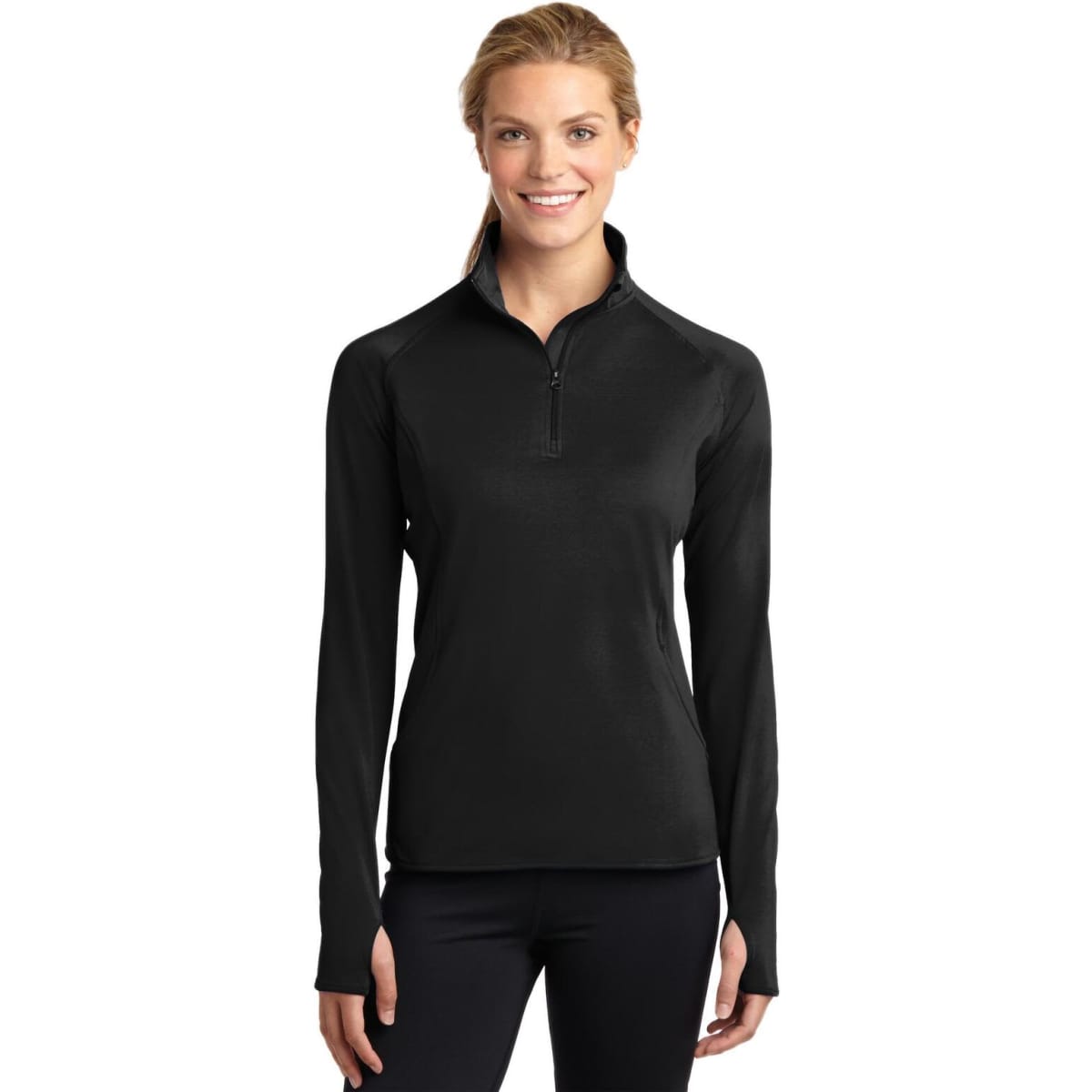 A black Sport-Tek Ladies Sport-Wick Stretch 1/2-Zip Pullover featuring a logo, designed for active wear.
