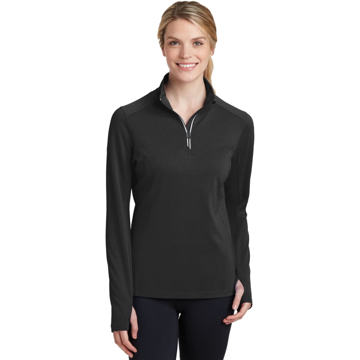 A black Sport-Tek Ladies Sport-Wick Textured 1/4-Zip Pullover, featuring a zip collar and long sleeves.