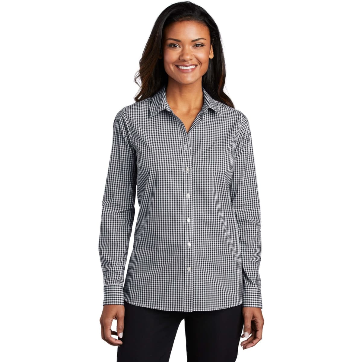 A women's button-up shirt in black and white gingham with a collar and long sleeves, featuring a logo.