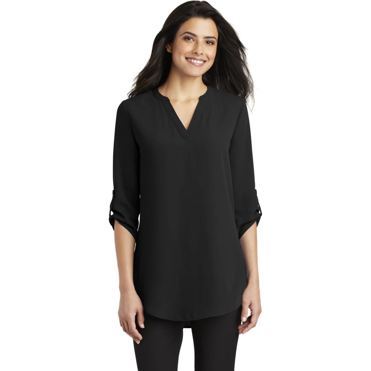 A black 3/4-sleeve tunic blouse featuring a V-neckline and roll-tab sleeves. The model is smiling while wearing it.