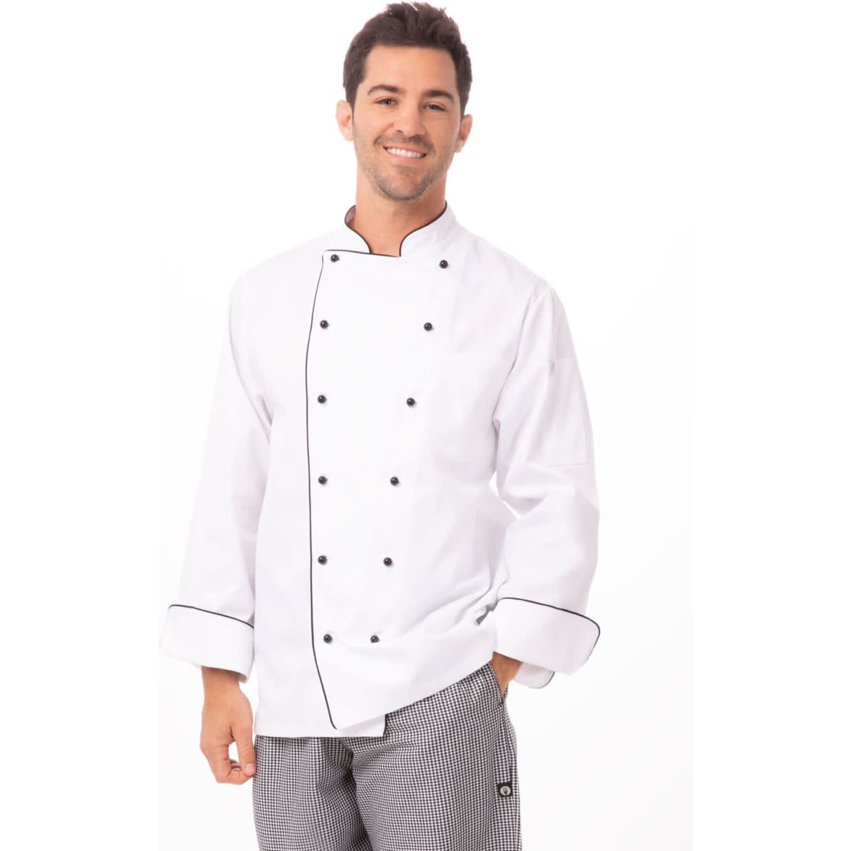 A white executive chef jacket with black piping and buttons, modelled by a smiling man.