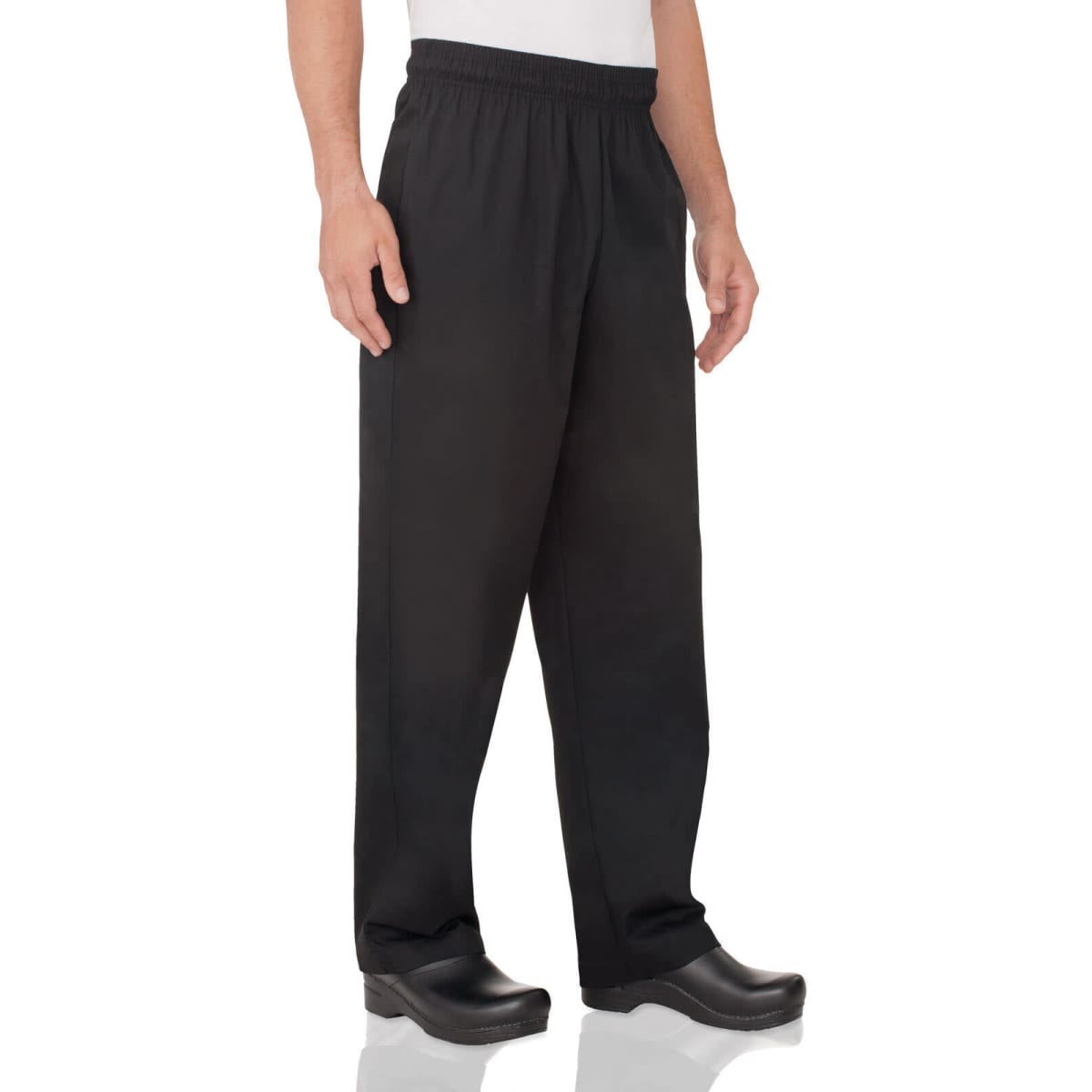 Baggy black chef pants with an elastic waistband, designed for comfort and ease of movement.
