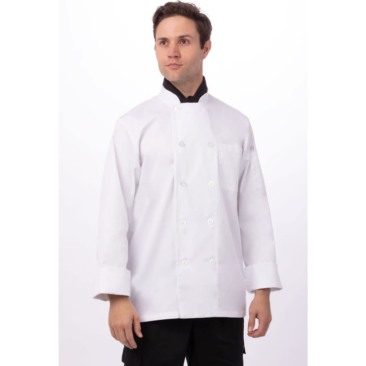 A white chef's jacket featuring a double-breasted design with buttons, worn by a model.