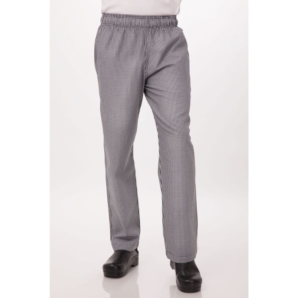 Baggy chef pants with a black and white checkered pattern, featuring an elastic waistband and a relaxed fit.