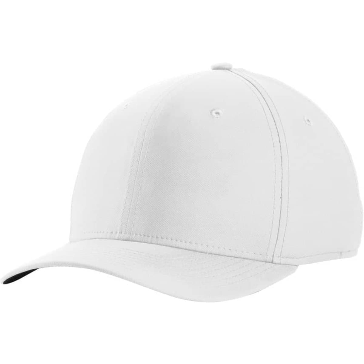 A white cap with a curved brim and a logo on the front. It features a classic design and is made for comfort.