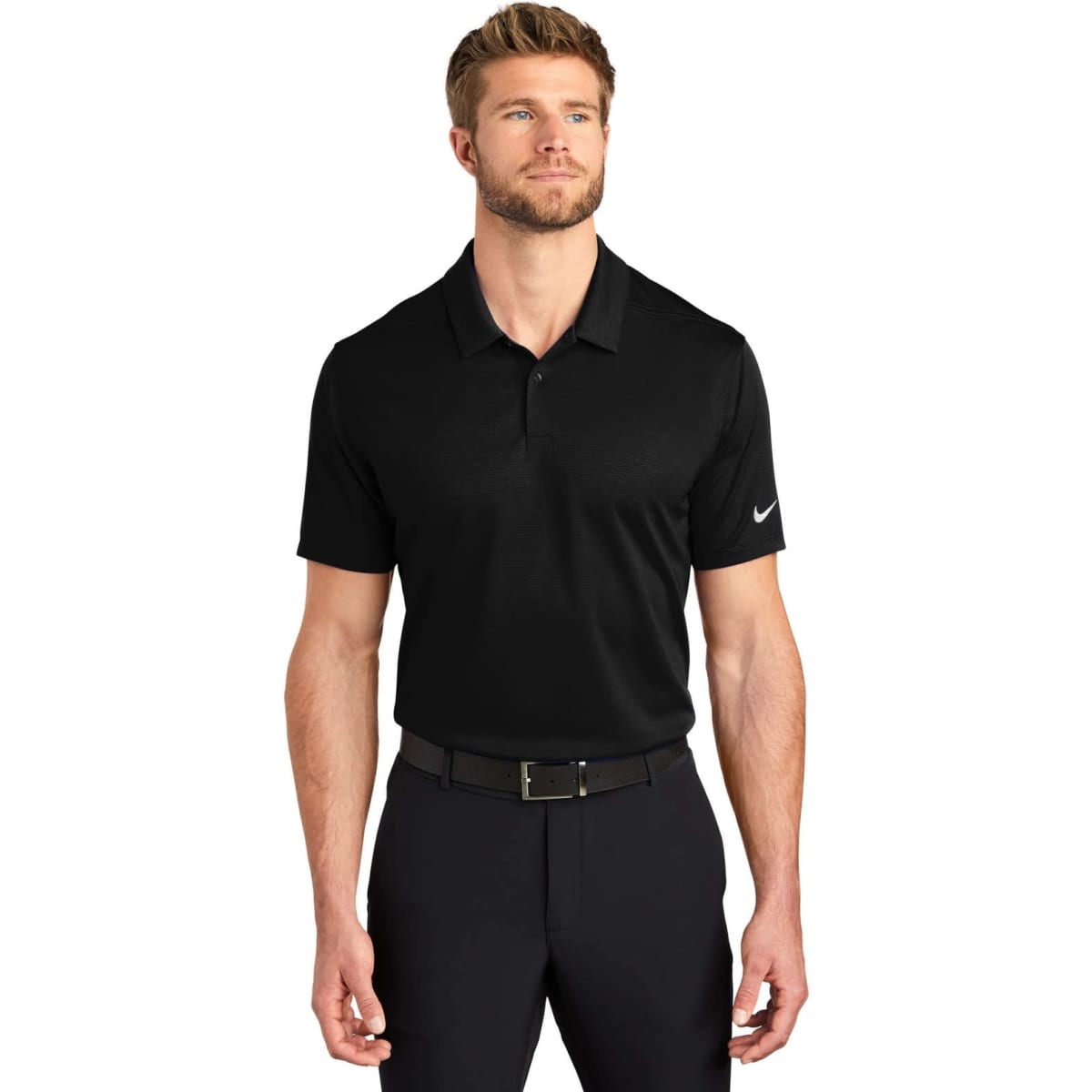 A black Nike polo shirt with short sleeves and a collar, featuring a logo on the sleeve.