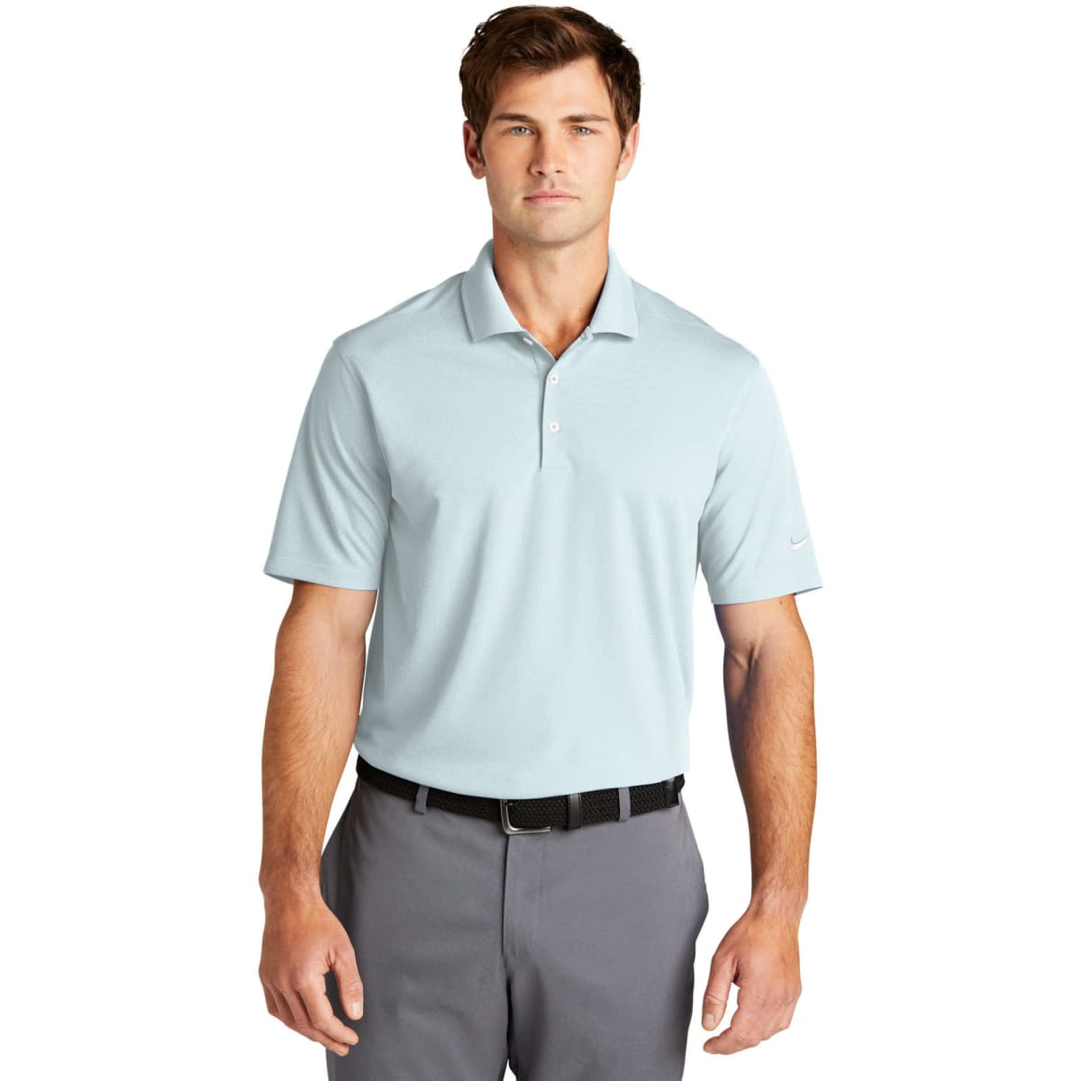 A light blue polo shirt with a collar, featuring short sleeves and a logo on the chest.