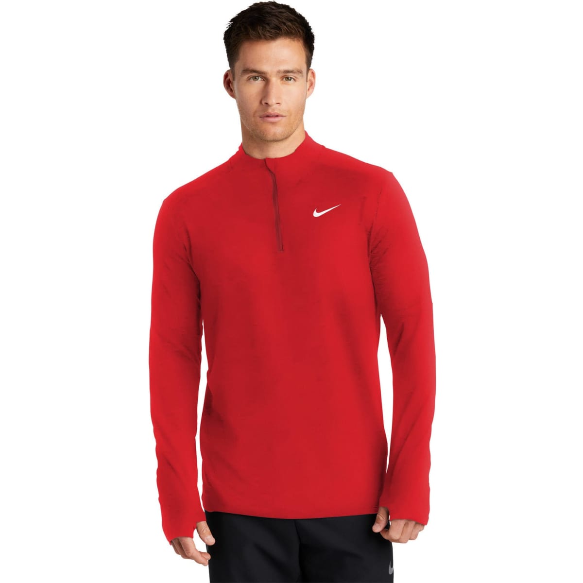 A red Nike Dri-FIT Element 1/2-Zip Top with long sleeves and a high collar, featuring a small logo.
