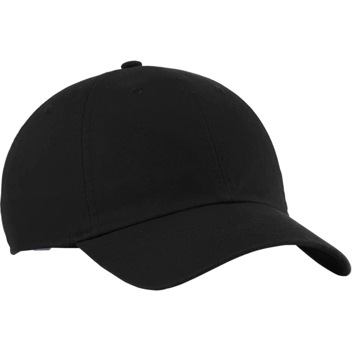 A black cap with a curved brim and an adjustable strap at the back, featuring a logo.