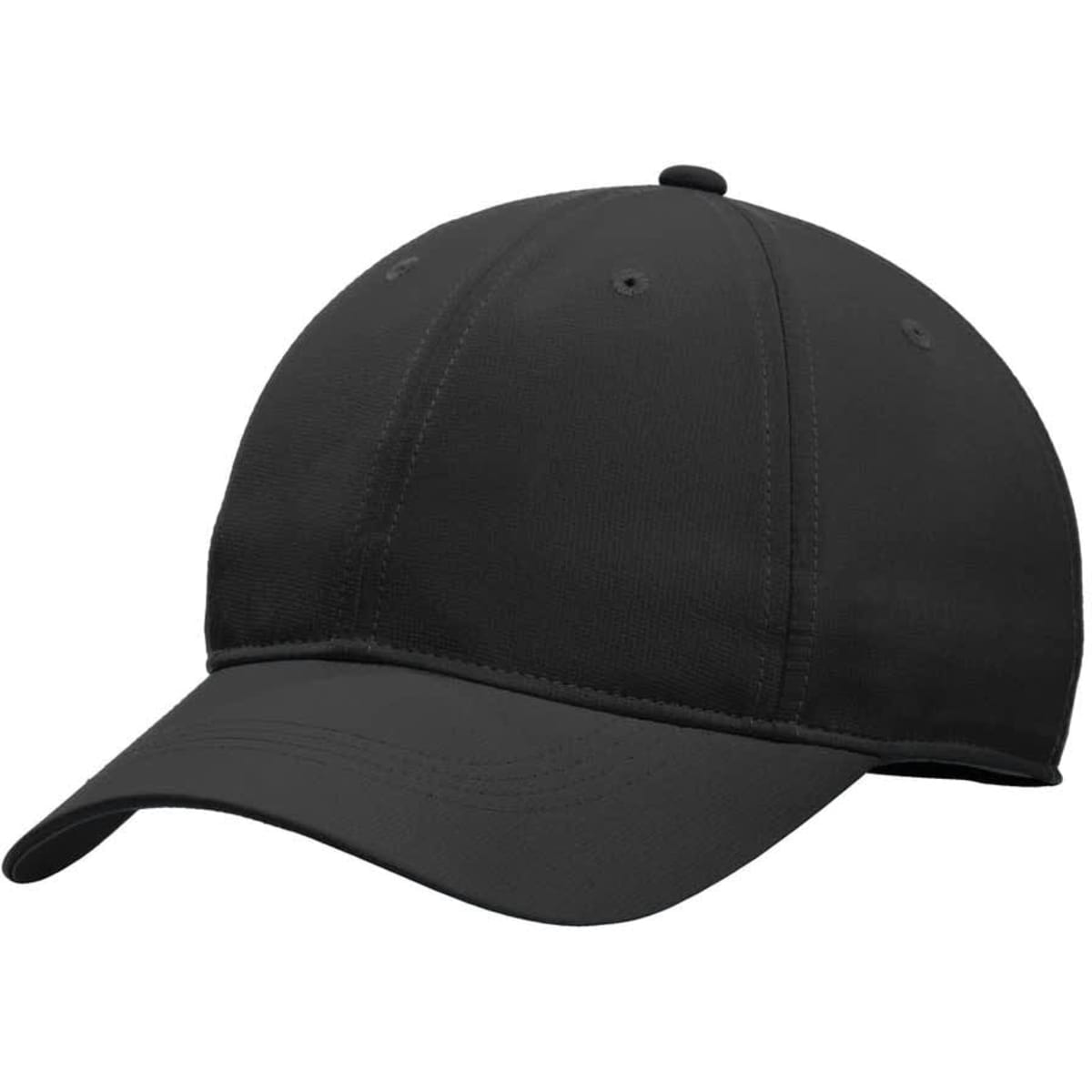 A black Nike Dri-FIT Tech Cap featuring a curved brim and a logo on the side. Suitable for outdoor wear.