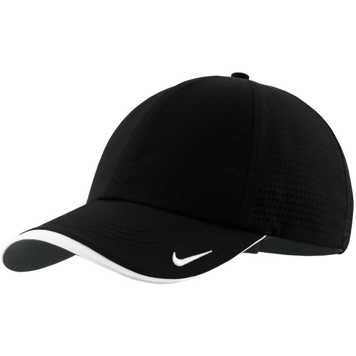 A black perforated cap with white accents and a logo, designed for moisture management.