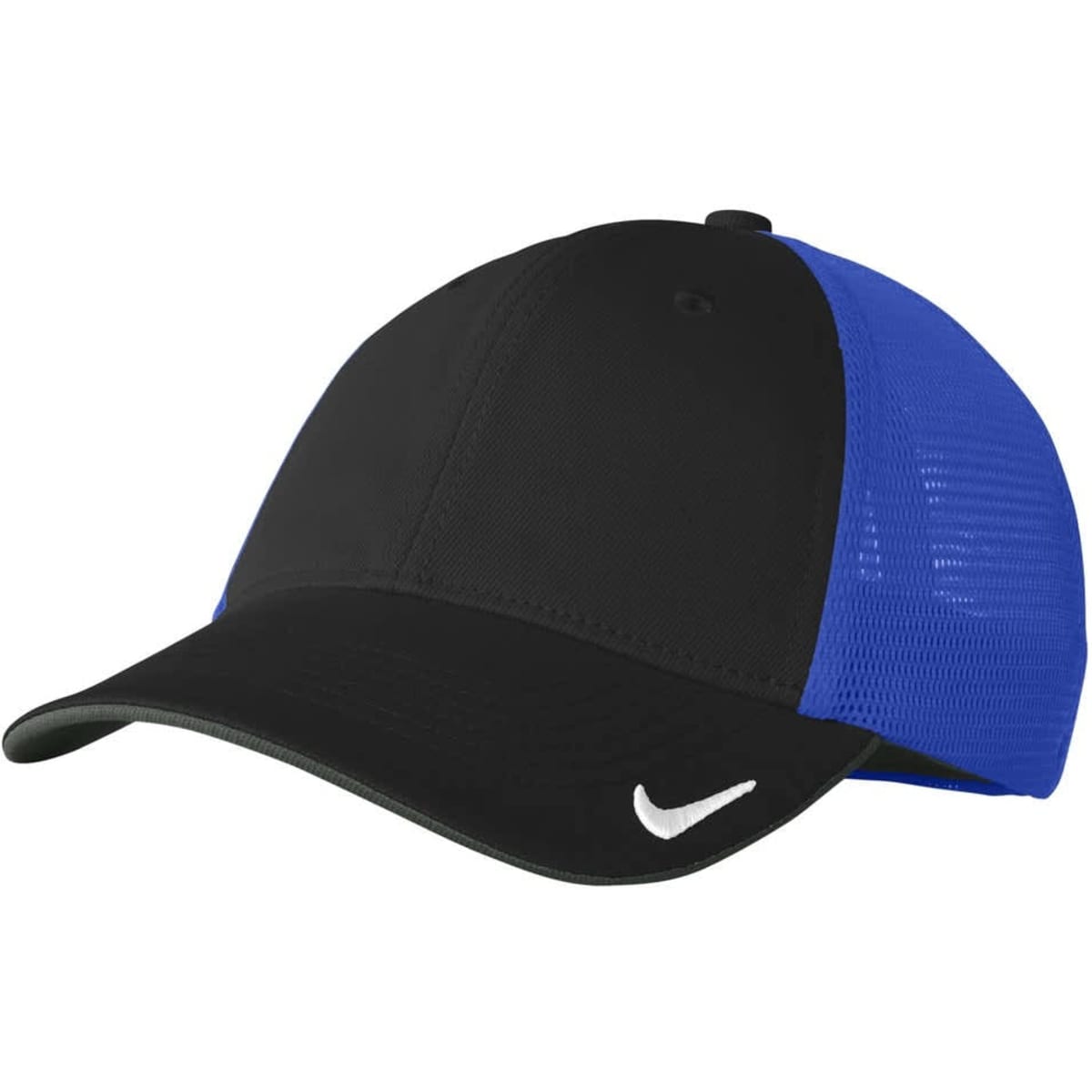 A black and royal blue cap with a mesh back and a branded logo on the front.