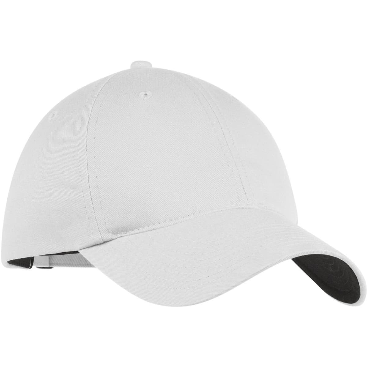 A white unstructured twill cap features a curved brim and an adjustable strap at the back. It has a logo.