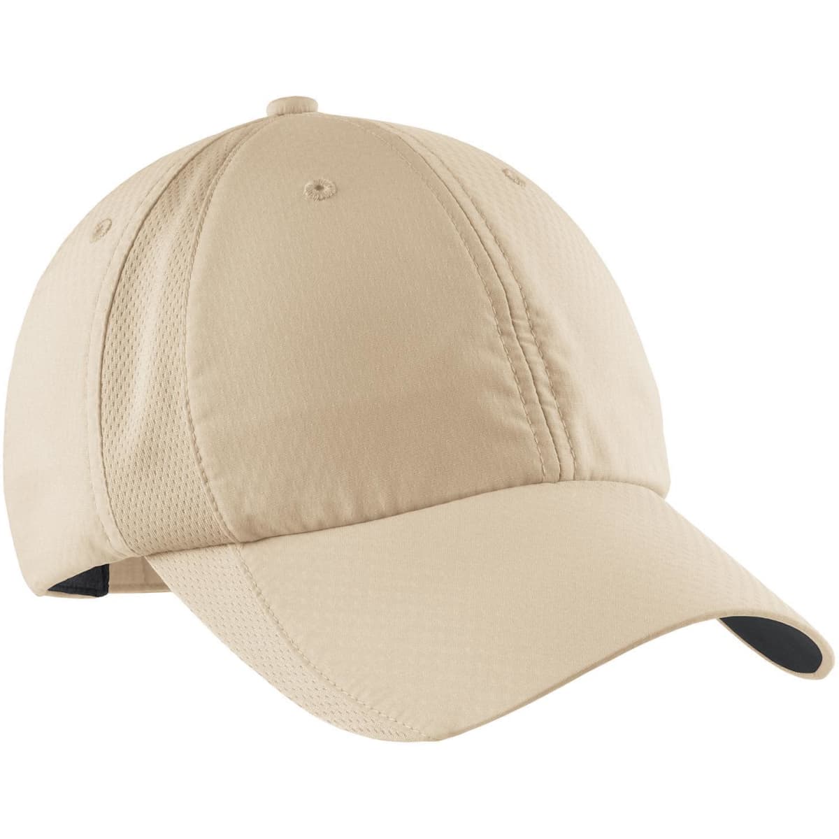 A beige cap with a curved brim and a branded logo, featuring a mesh design for breathability.