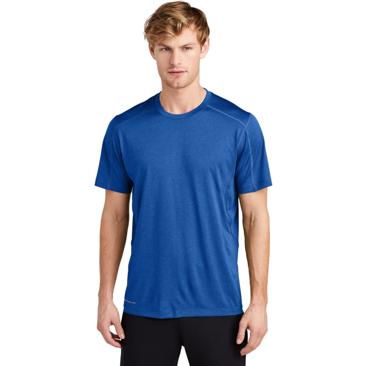 A blue athletic t-shirt featuring short sleeves and a subtle logo on the front.