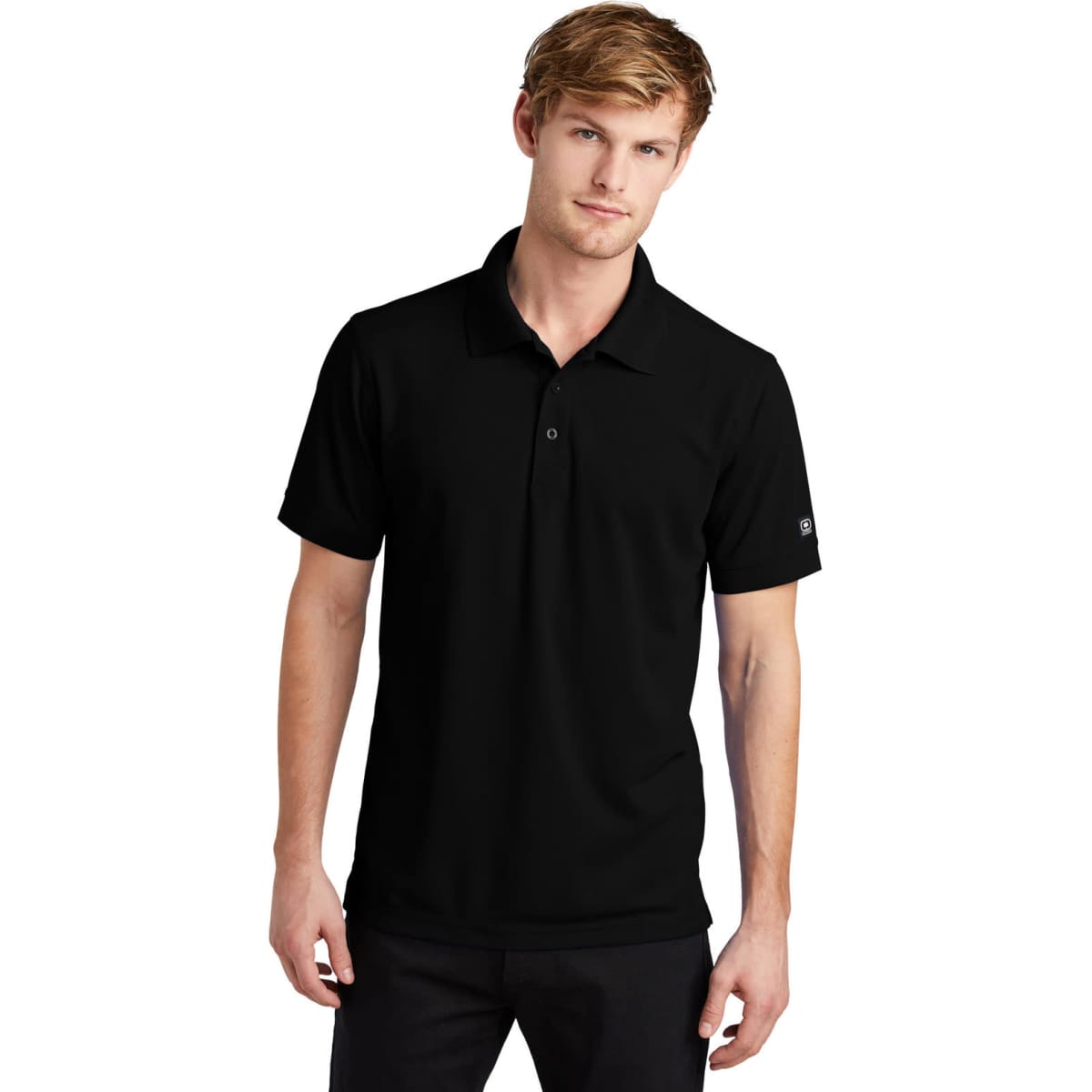 A black OGIO Caliber 2.0 polo shirt featuring a branded logo, designed for casual wear.