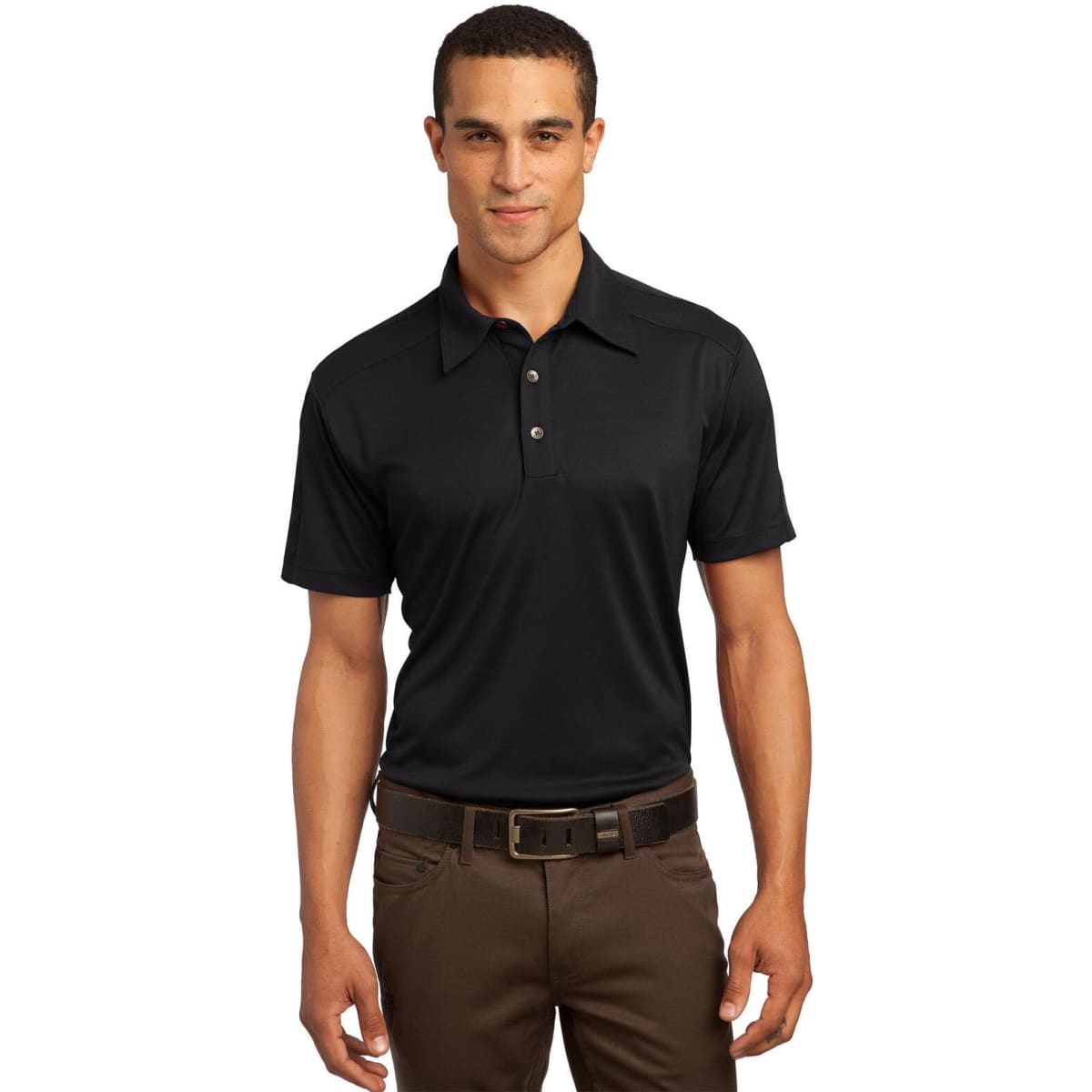 A black polo shirt with a collar and three buttons, paired with brown trousers. The shirt features a logo.