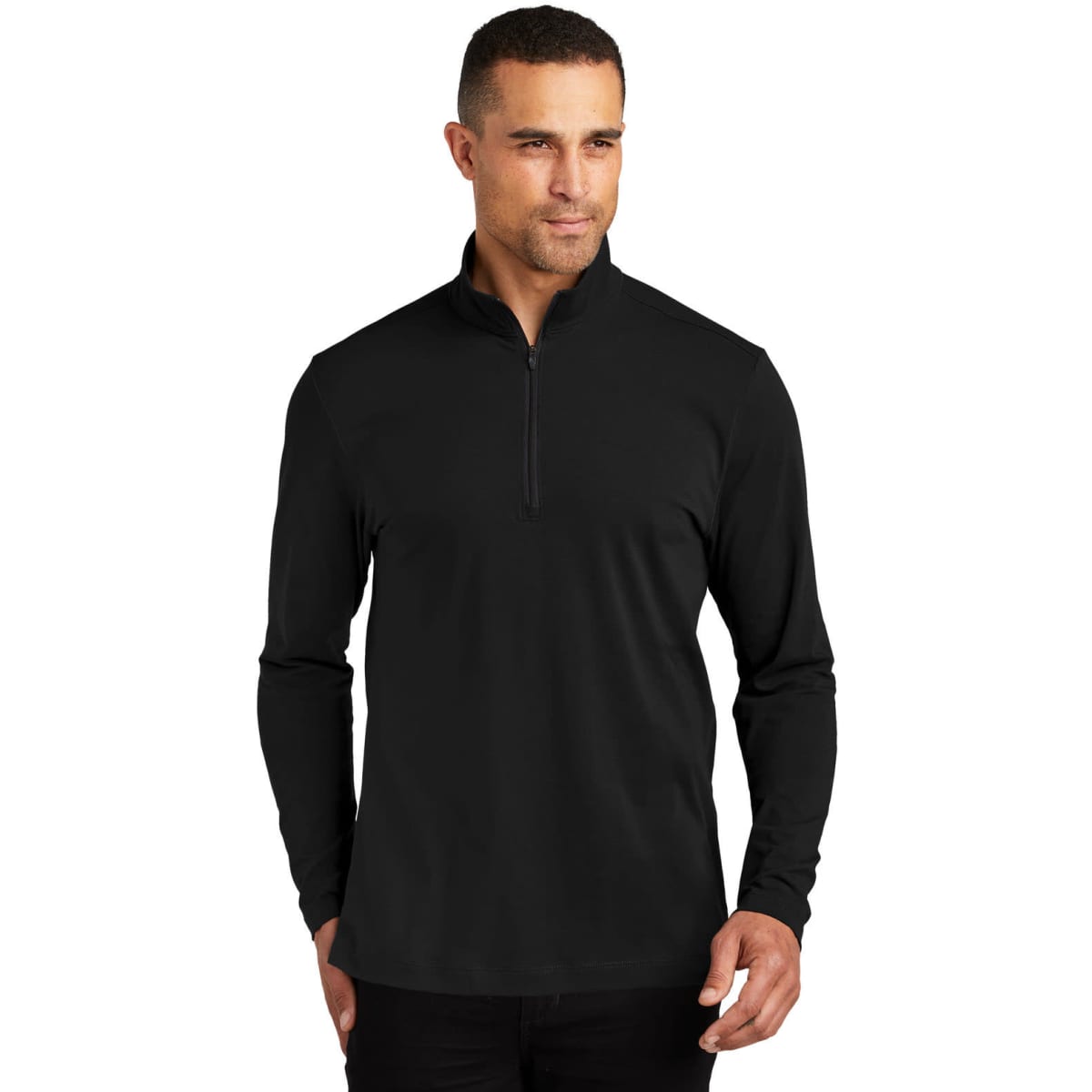 A black 1/4-zip jumper for men featuring long sleeves and a logo on the chest.