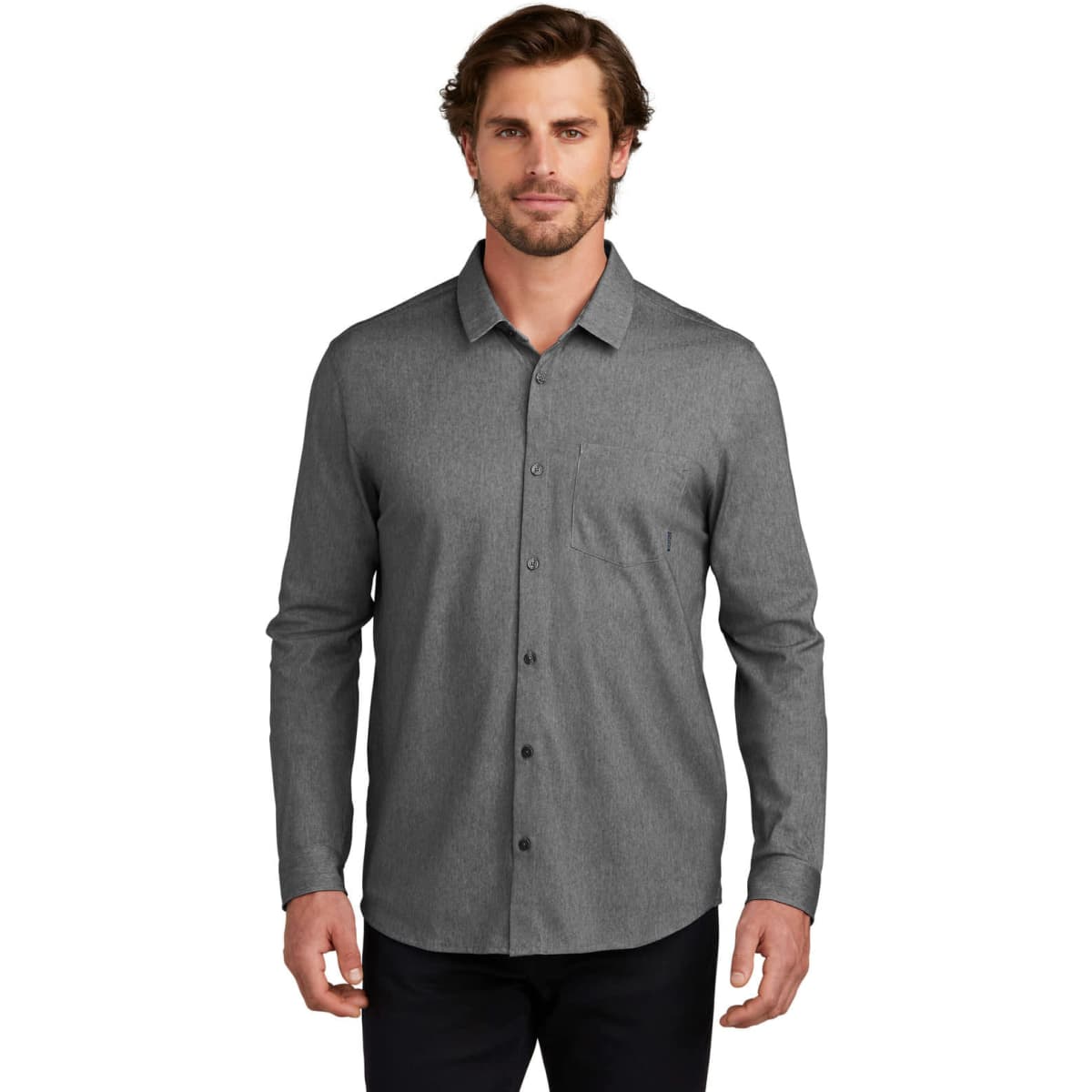 A long sleeve button-up shirt in a grey fabric, featuring a standard collar and button front, with a logo present.