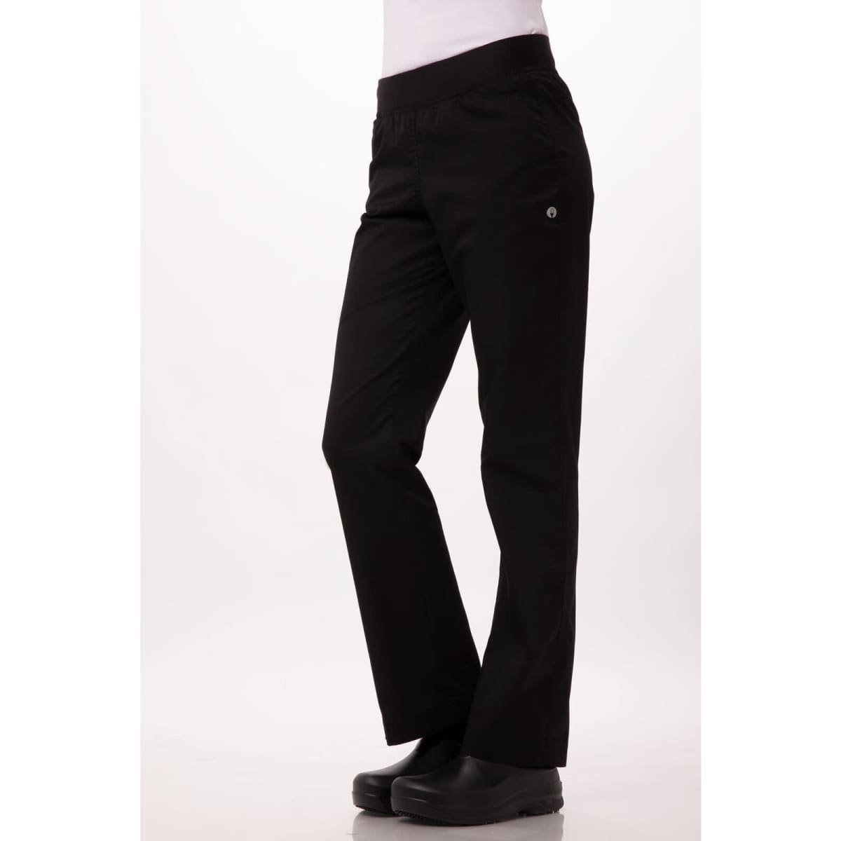 Lightweight slim women's chef pants in black with a logo, featuring a relaxed fit and straight leg design.