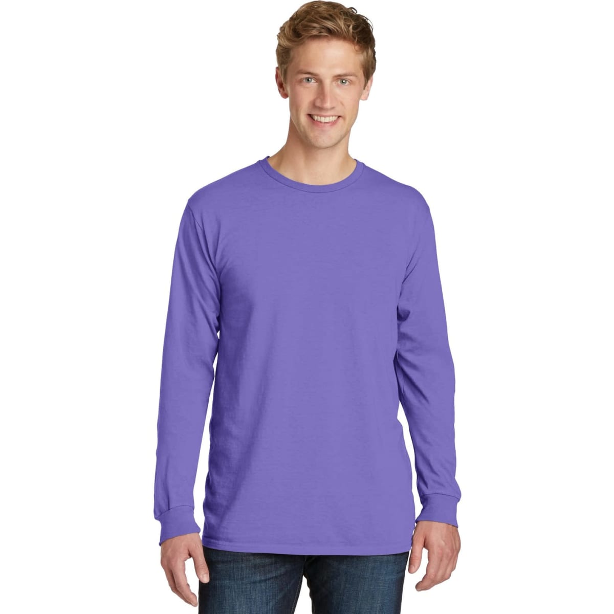 A long sleeve tee in vibrant purple, featuring a logo, worn by a model against a neutral background.