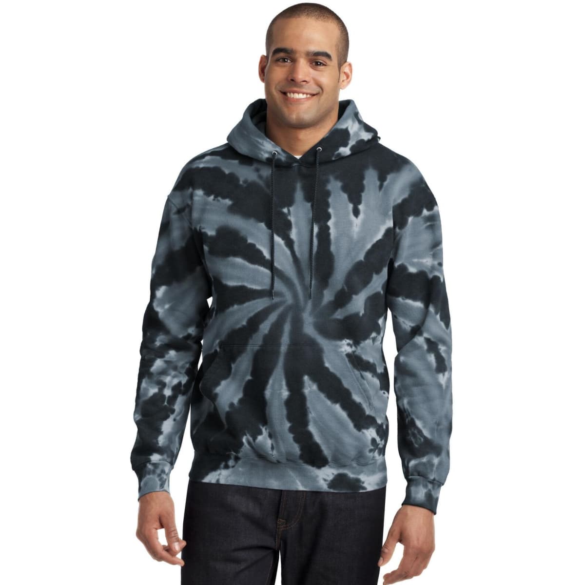 A man wearing a black and grey tie-dye pullover hooded sweatshirt with a front pocket and a hood.