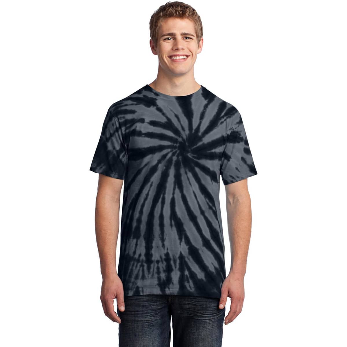 A man wearing a navy and grey tie-dye T-shirt with a spiral pattern, standing in a casual pose.