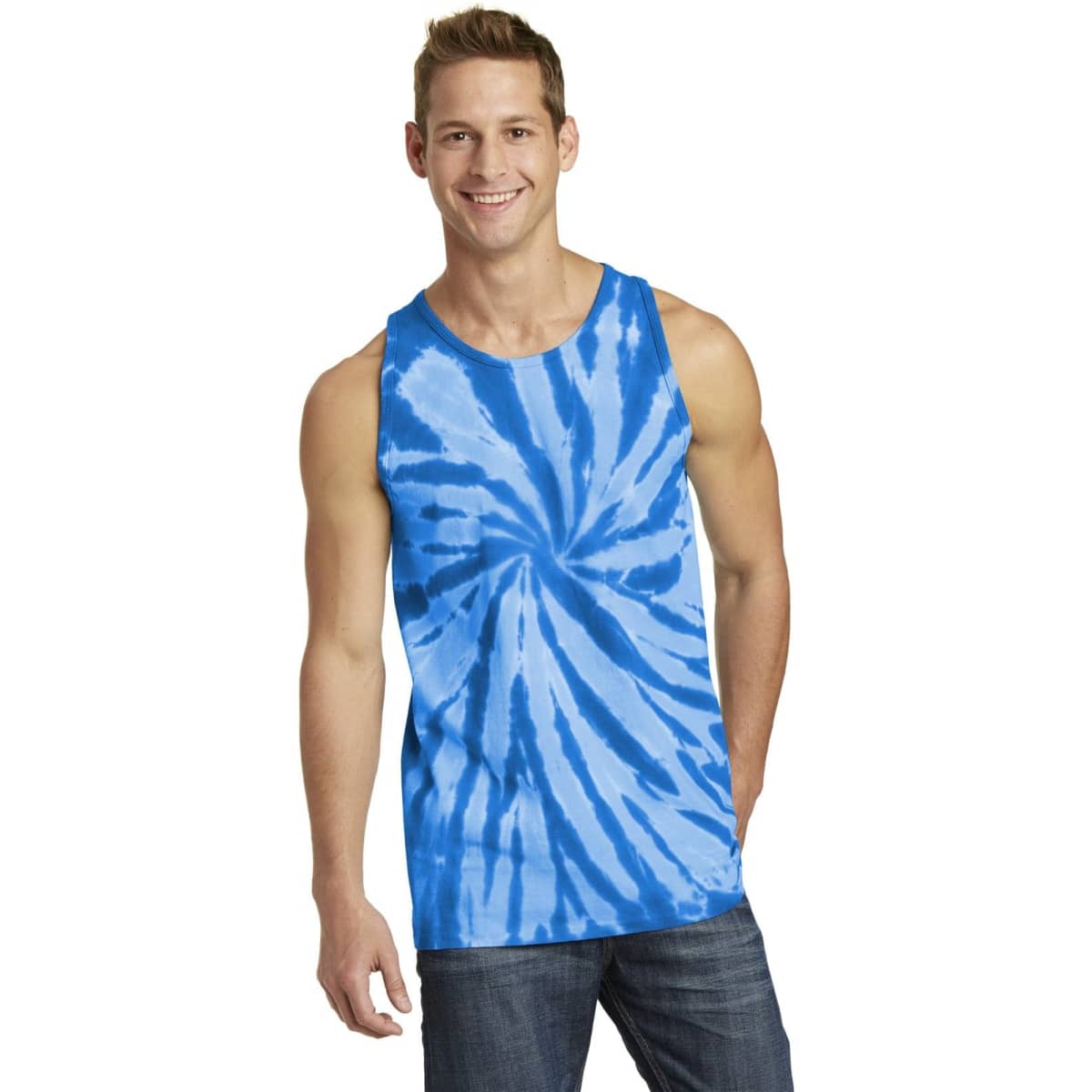 A blue tie-dye tank top worn by a smiling model, featuring a swirling pattern and a logo.