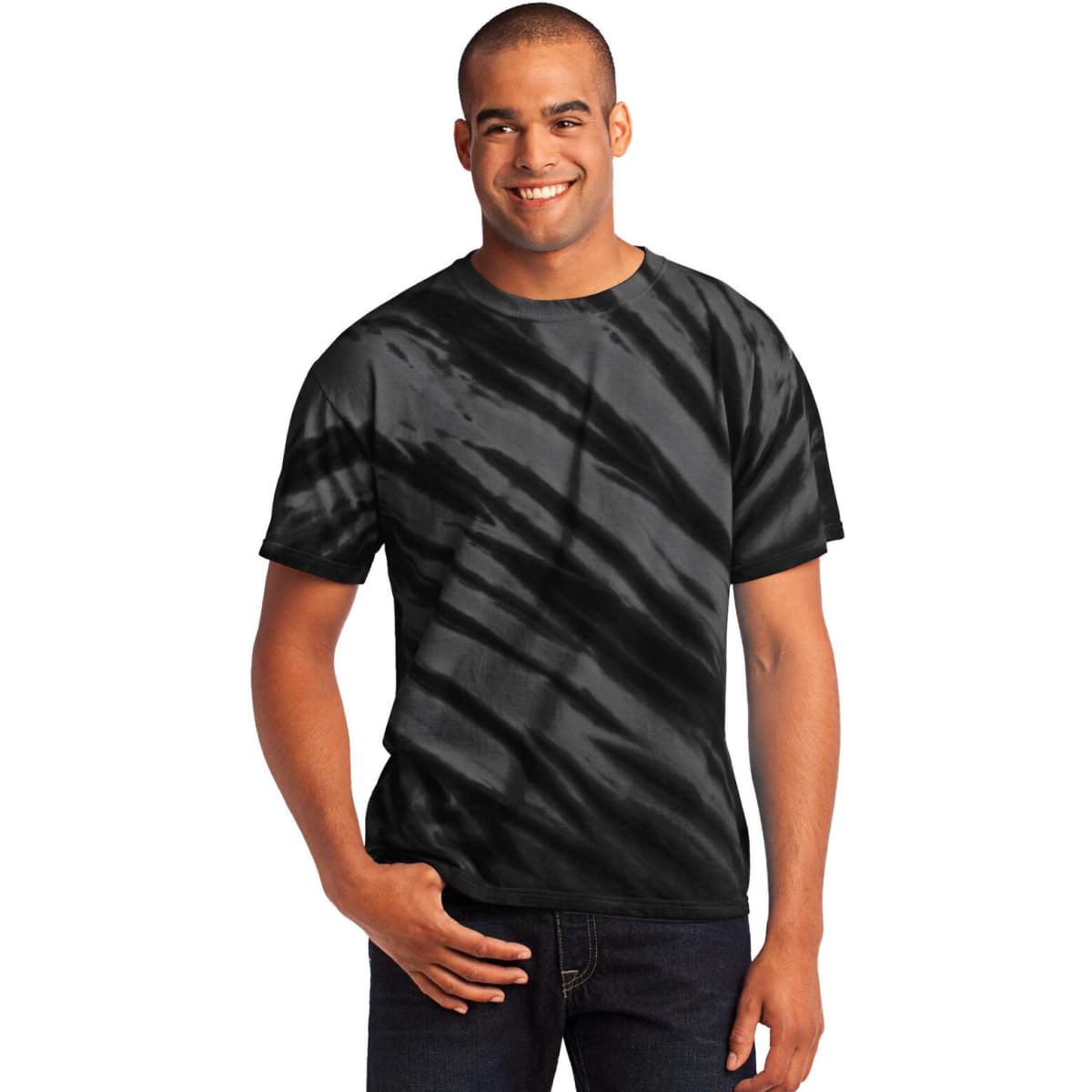 A man is wearing a black and grey tiger stripe tie-dye t-shirt with a casual fit and a logo on it.