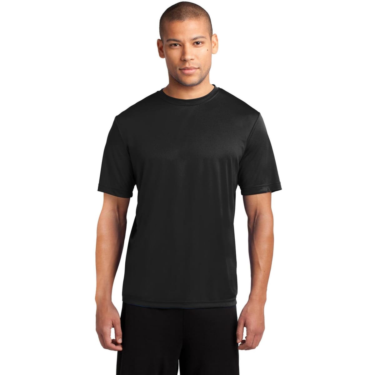 A black performance tee displayed on a male model, featuring a simple design and a logo.