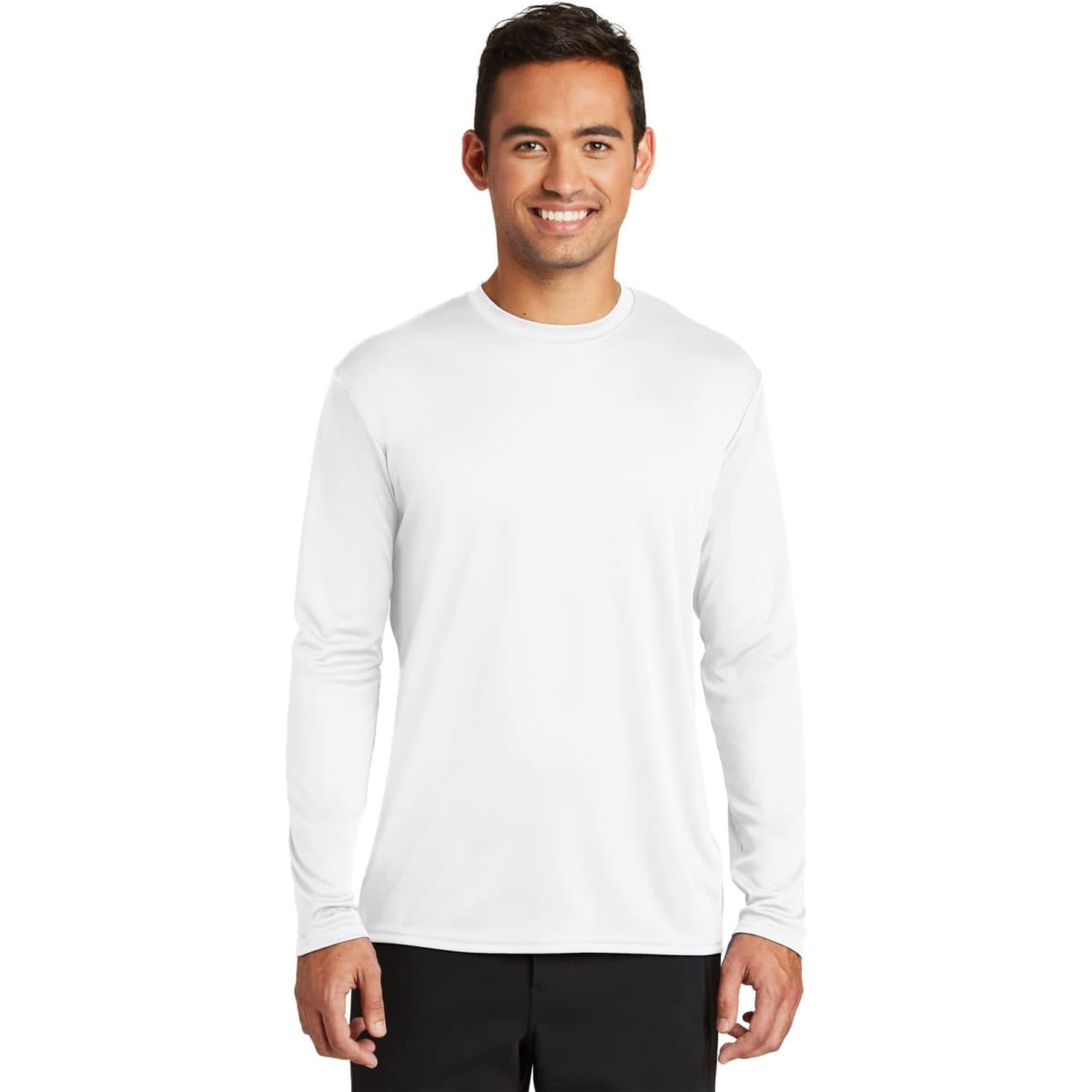 A long sleeve performance tee in white, featuring a smooth design and a logo on the chest area.
