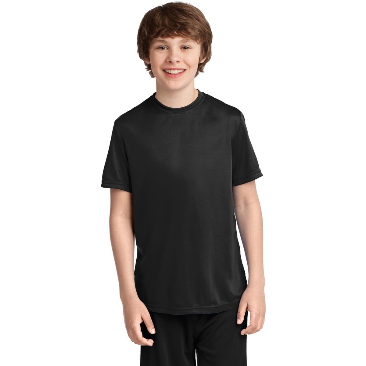 A youth black performance tee displayed on a smiling child, featuring a smooth fabric and a simple design.